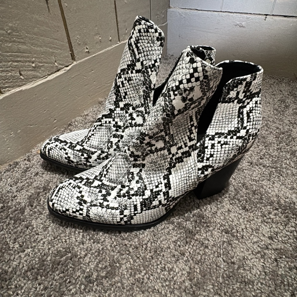 Women's Black and White Snake Print Ankle Boots